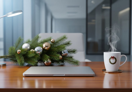 Laptop with christmas decorations on wooden table. 3d renderの素材