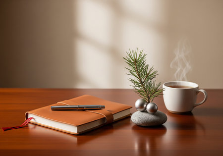 Cup of coffee, notebook and christmas tree on wooden tableの素材