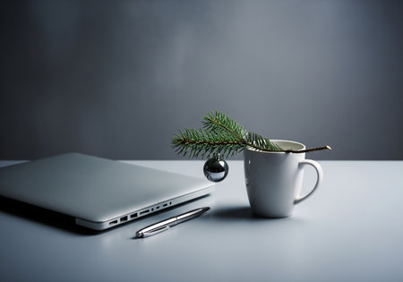 Cup of coffee with christmas tree and laptop on gray backgroundの素材