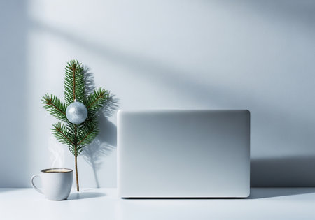 Mockup of a white laptop, a cup of coffee and a Christmas tree on a white backgroundの素材