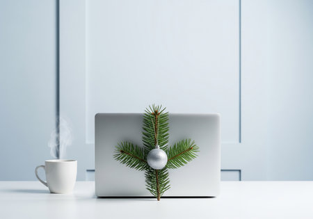 Christmas or New Year background with laptop, cup of coffee and fir tree branches.の素材