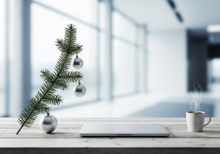 Digital composite of White tablet with christmas tree and cup of coffeeの素材