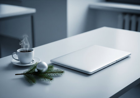 Coffee cup, laptop and christmas tree on the tableの素材