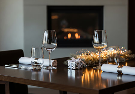 Table set for Christmas dinner in front of a fireplace in a cozy living roomの素材