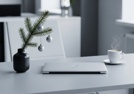 Christmas tree on laptop with cup of coffee on table in modern officeの素材