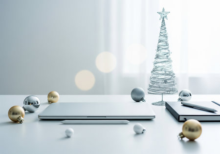 Laptop with christmas tree on white table. 3d renderingの素材