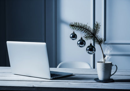 Christmas or New Year workplace with laptop, coffee cup and christmas decorations.の素材