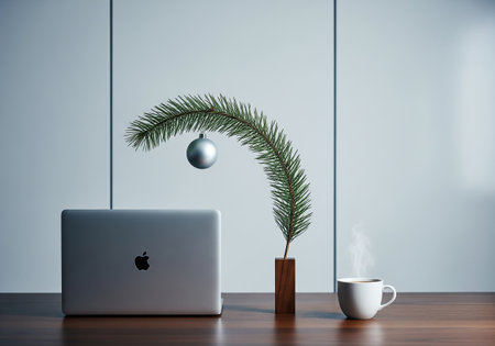 Laptop with christmas decoration on wooden table. 3d renderingの素材