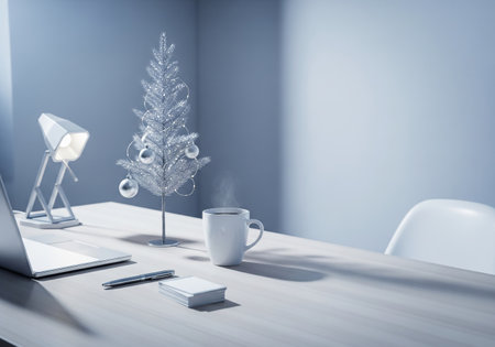 Christmas tree on the table with laptop and coffee cup. 3d renderingの素材