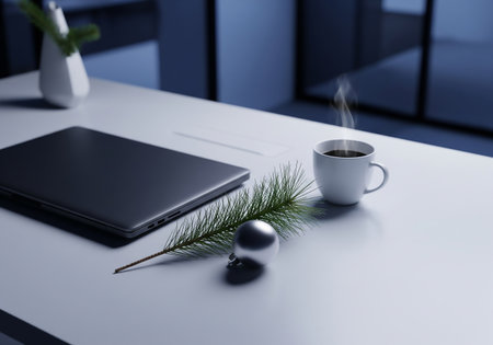 Laptop and coffee cup on a white table. 3d renderingの素材