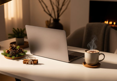 laptop with coffee cup on table in modern living room at nightの素材