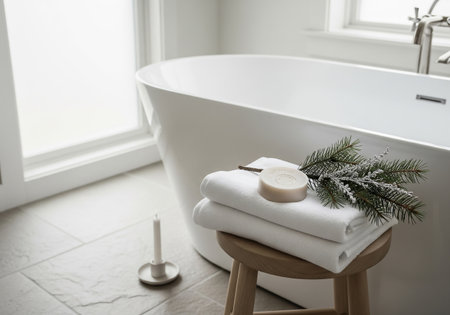 Bathroom interior with white bathtub, candles and fir branchの素材