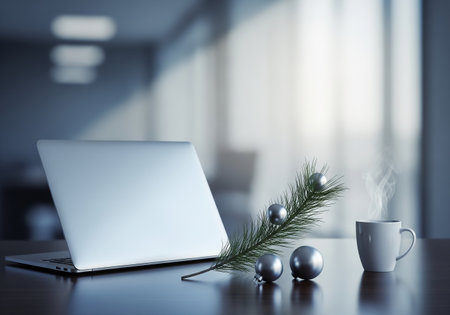 Modern workspace with laptop, coffee cup and christmas decorations. 3D Renderingの素材