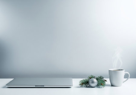 Laptop with cup of coffee and christmas decoration on white tableの素材