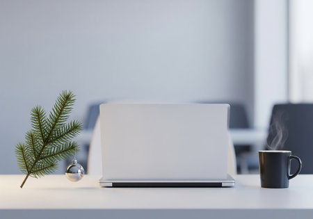 Workplace with laptop, coffee cup and christmas decorations. 3D Renderingの素材