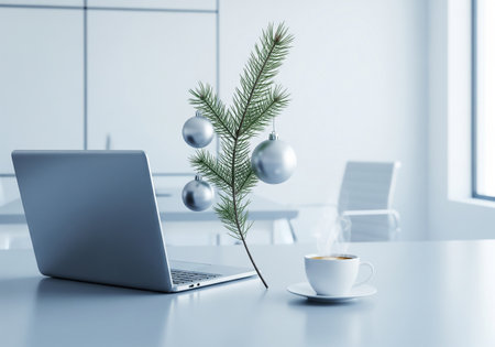 Laptop and christmas tree on white table. 3d renderingの素材
