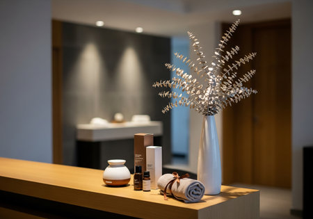 Spa and wellness setting on a table in a modern beauty salonの素材