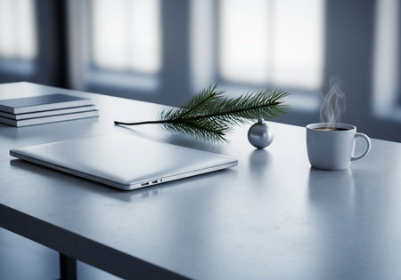 Workplace with laptop, coffee cup and decorations on table. 3D Renderingの素材