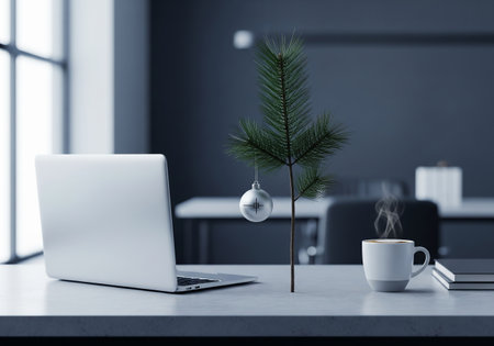 Workplace with laptop, coffee cup and christmas decorations. 3D Renderingの素材