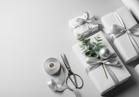 Gift boxes with ribbons and eucalyptus on white backgroundの素材