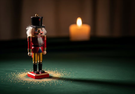 Nutcracker toy on a green casino table with a burning candleの素材