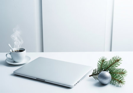 Laptop, coffee cup and christmas tree branch on white tableの素材