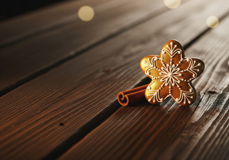 Christmas gingerbread cookies and cinnamon sticks on wooden background. Copy spaceの素材