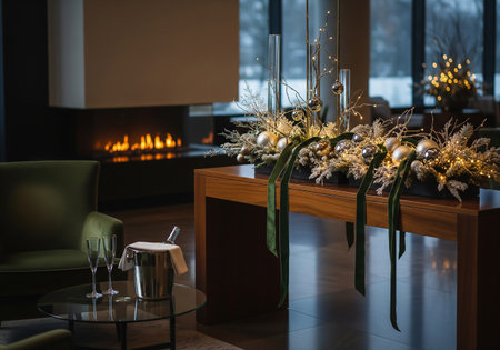 Beautiful Christmas decorations in the interior of the room with a fireplaceの素材