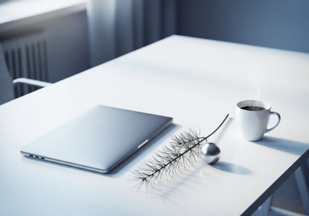Close up of laptop, coffee cup and feather on white table. Mock up, 3D Renderingの素材