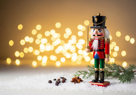 Christmas nutcracker on snow with bokeh lights background.の素材