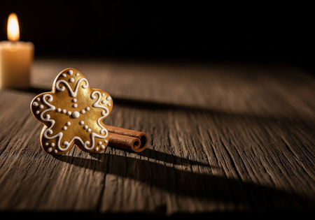 Christmas gingerbread cookie with cinnamon and burning candle on wooden table.の素材