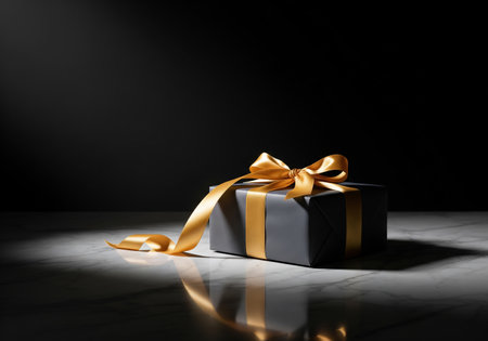 Black gift box with golden ribbon on black background. 3d renderingの素材
