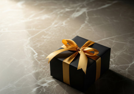 Black gift box with gold bowle background. Closeup.の素材