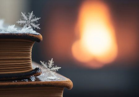 A stack of old books with snowflakes and a burning candle in the backgroundの素材