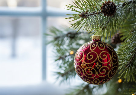 Christmas decoration on a Christmas tree. New Year's background. Copy space.の素材