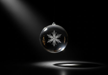 Christmas glass ball with snowflake on black background. 3D illustration.の素材