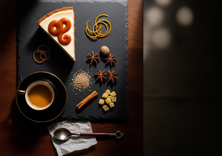 cup of tea and cake on a dark wooden background, top viewの素材