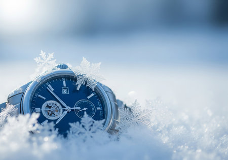 Blue wristwatch on snow background with copy space. Time concept.の素材