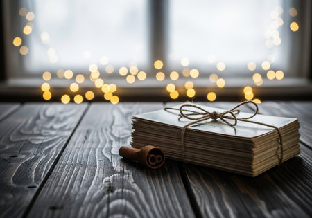 Stack of old books tied with twine and cinnamon stick on wooden table with bokeh lights backgroundの素材