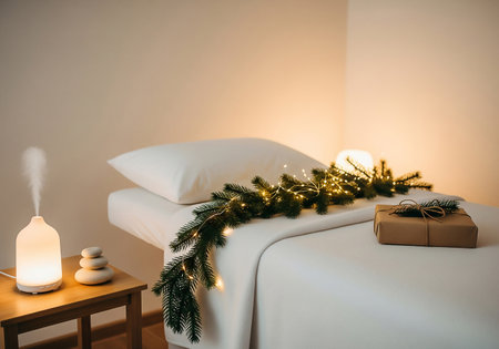 Christmas decoration with fir branches, candles and gift box on bed in roomの素材