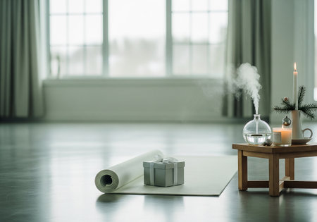 Yoga mat, candle and gift box on floor in living roomの素材