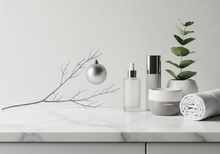 Mockup of cosmetic products on white marble table, 3d renderの素材