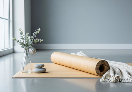 Yoga mat and towel on the floor. 3d rendering.の素材