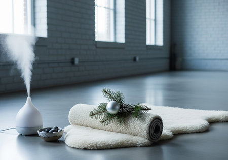 Spa still life. Towels, oil diffuser, spruce branch and towel on the floor.の素材