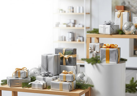Christmas gifts with fir branches on shelf in modern room. 3d renderingの素材