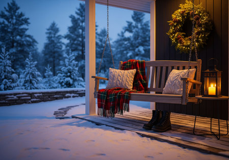 Wooden bench with pillows and plaid on the porch of the house in winter.の素材