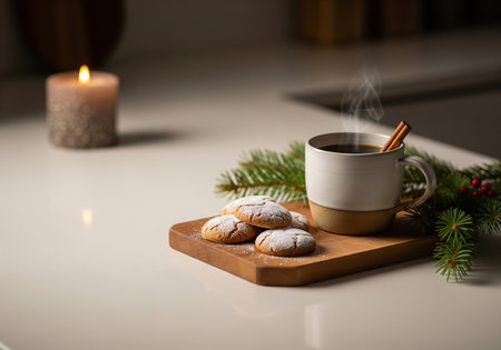 Cup of coffee with cookies on a wooden board on a white tableの素材