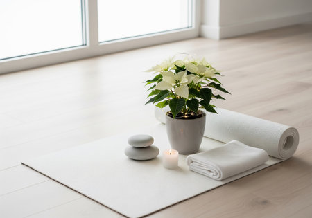 White poinsettia flower in vase and towels on wooden floorの素材