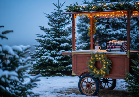 Wooden toy car with Christmas gifts and lights in the park.の素材