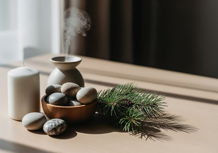 spa still life with burning candle, pebbles and fir branches on wooden tableの素材